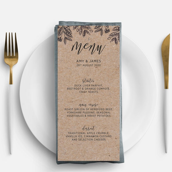 Simple floral rustic themed wedding menu cards, Brown kraft menu card with botanical flowers, Printed wedding breakfast menu cards