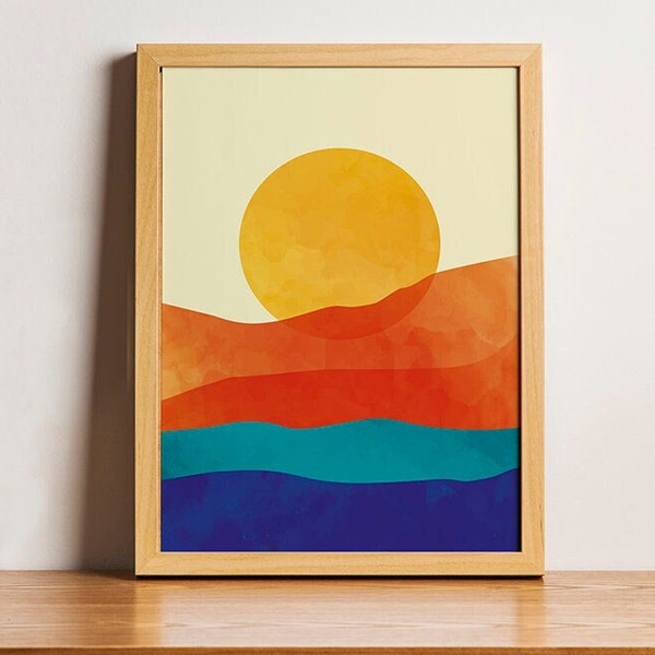 Impression rétro océan coucher de soleil et orange brûlé, art du milieu du siècle bloquant les couleurs des années 70, affiche de mer horizon abstrait boho, décoration lumineuse vibrante pour la maison