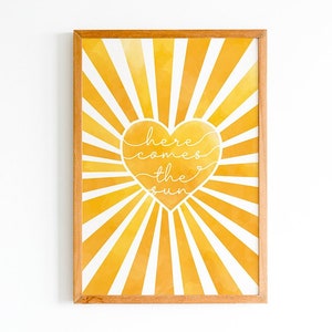 Here Comes The Sun Art Print, Boho Nursery Wall Decor, Neutral Kids Room Poster, Inspirational Beatles Song Quote, Baby Shower Gift Idea