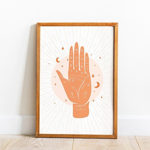 Boho palmistry print, palm reading art, zodiac celestial moon & stars poster, fortune teller artwork for living room home gallery wall decor