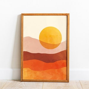 Descarga digital: Impresión retro de atardecer en el desierto naranja quemado, arte imprimible de mediados de siglo con ambiente de los años 70, póster de amanecer con horizonte bohemio, decoración de pared para el hogar