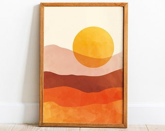 Retro burnt orange desert sunset print, 70s colour blocking mid century art, boho horizon sunrise poster, living room home wall decor