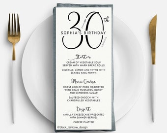 Stylish printed birthday menu cards, Minimalist 30th menu card with modern calligraphy, 18th 21st 30th 40th 50th 60th 70th party