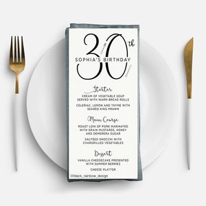 Stylish printed birthday menu cards, Minimalist 30th menu card with modern calligraphy, 18th 21st 30th 40th 50th 60th 70th party