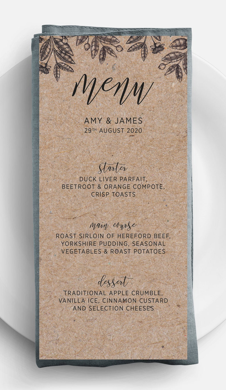 Simple Floral Rustic Themed Wedding Menu Cards Brown Kraft - Etsy
