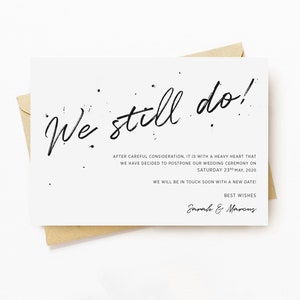 Digital o impreso Todavía hacemos anuncios, Invitación de boda pospuesta, Tarjetas de cambio de planes, Tarjetas de cambio de fecha de boda, Cancelación