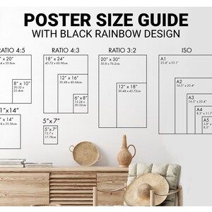May include: A poster size guide with different ratios and sizes for prints. The guide includes standard sizes like 16x20 inches, 18x24 inches, 20x30 inches, and ISO sizes like A1, A2, A3, A4, and A5. The guide also includes the measurements in centimeters.