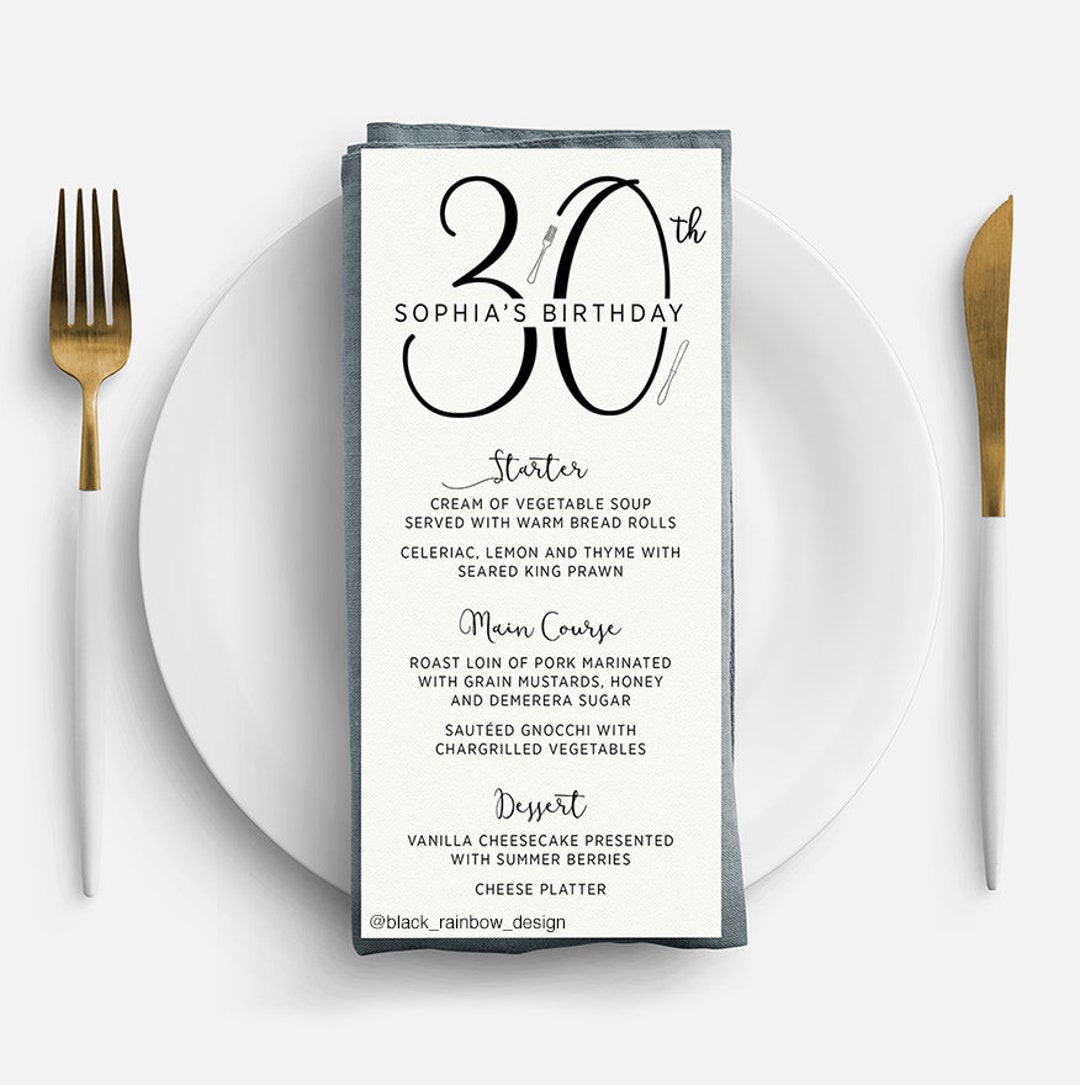 Stylish Printed Birthday Menu Cards, Minimalist 30th Menu Card With