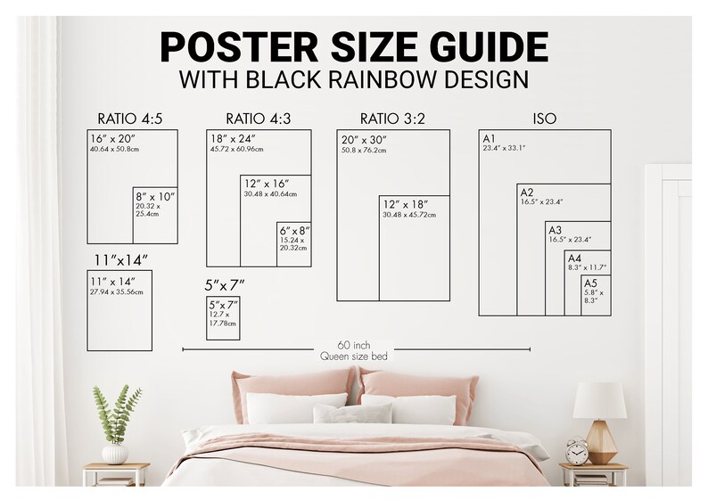 May include: A poster size guide for black rainbow design prints, showing different size options in inches and centimeters, including standard paper sizes like A1, A2, A3, A4, and A5. The guide also includes a visual representation of a queen-size bed for scale.