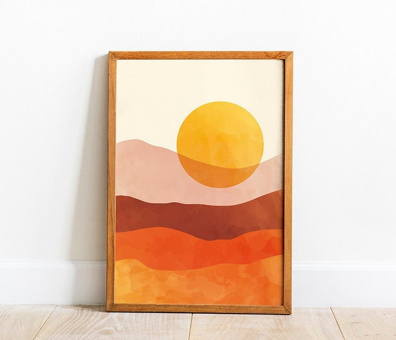 Retro burnt orange desert sunset print, 70s colour blocking mid century art, boho horizon sunrise poster, living room home wall decor 