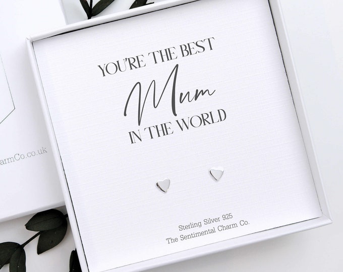 Best Mum In The World Keepsake for Mum - Sterling Silver Stud Earrings for Mum Birthday Gift for Her - Simple Studs with Quote Card - 0112A