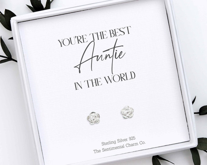 Best Auntie In The World Keepsake - Sterling Silver Stud Earrings for Auntie Birthday Gift for Her - Simple Earrings with Quote Card - 0129A