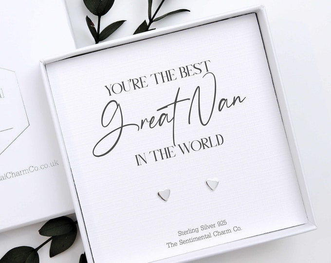 Best Great Nan In The World Keepsake for Nan - Sterling Silver Stud Earrings for Birthday Gift for Her - Simple Earrings with Quote Card