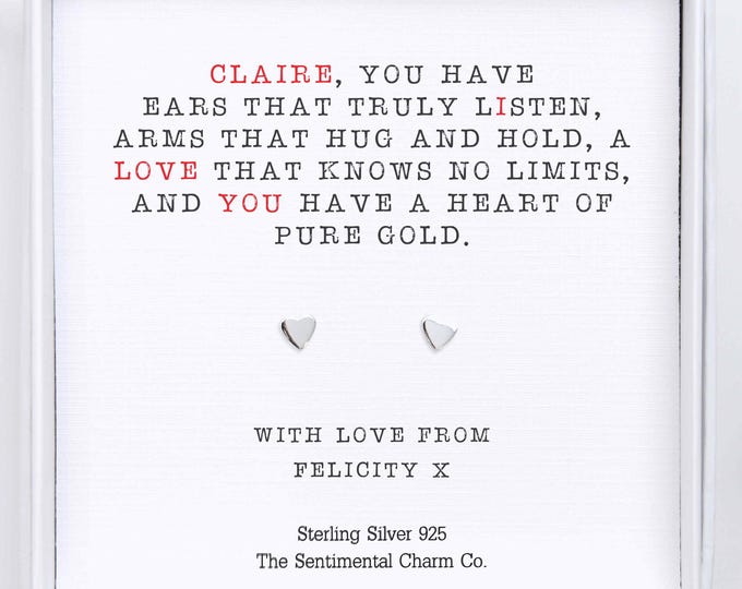 Friend Sterling Silver Earrings Gift – Silver Studs - Heart of Pure Gold Quote Keepsake Gift for Her – Personalised Jewellery for a Friend