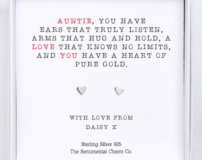 Auntie Silver Earrings Gift – 925 Sterling Silver Studs - Heart of Pure Gold Quote Keepsake Gift for Her – Personalised Jewellery for Auntie