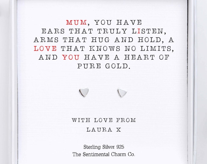 Mum Silver Earrings Gift – 925 Sterling Silver Studs - Heart of Pure Gold Quote Keepsake Gift for Her – Personalised Jewellery for Mum - 552