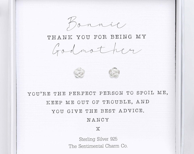 Godmother Thank You Gift with Personalised Message - Sterling Silver Studs Earrings Gift - Jewellery for Godmother Keepsake