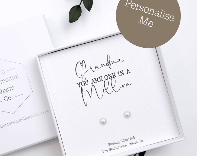 One in A Million Grandma Gift - Sterling 925 Silver Stud Earrings Keepsake - Personalised Quote Jewellery for Grandma – Simple Studs for Her