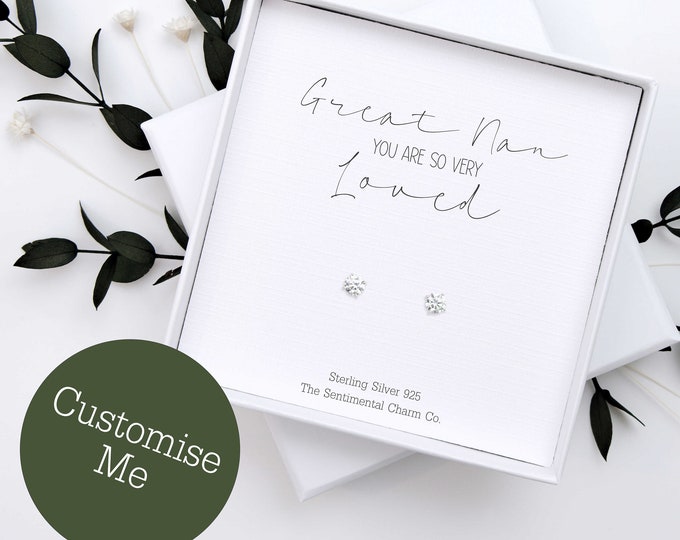 TSCC0191 Custom Great Nan Earrings Genuine Sterling Silver 925 Studs You Are So Very Loved Gift Diamond Pearl Star Heart Keepsake Jewellery