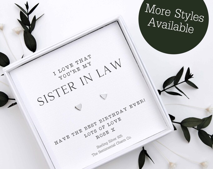 I Love That You're My Sister in Law 925 Silver Stud Earrings Quote Jewellery Gift Keepsake Cute Infinity Hearts Moon Star Studs TSCC0240