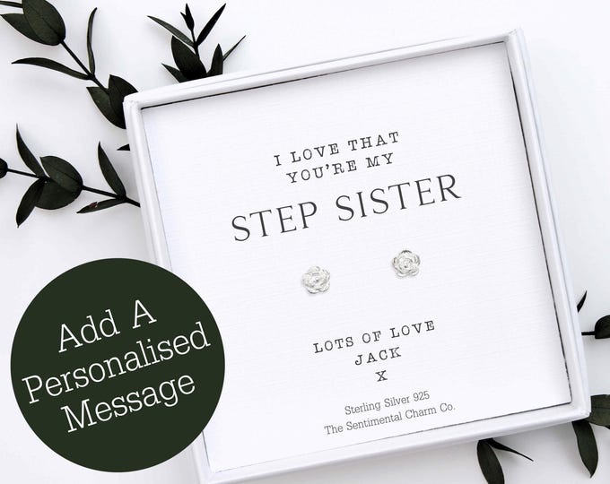 I Love That You're My Step Sister 925 Silver Stud Earrings Quote Jewellery Gift Keepsake Cute Infinity Hearts Moon Star Studs Half TSCC0242