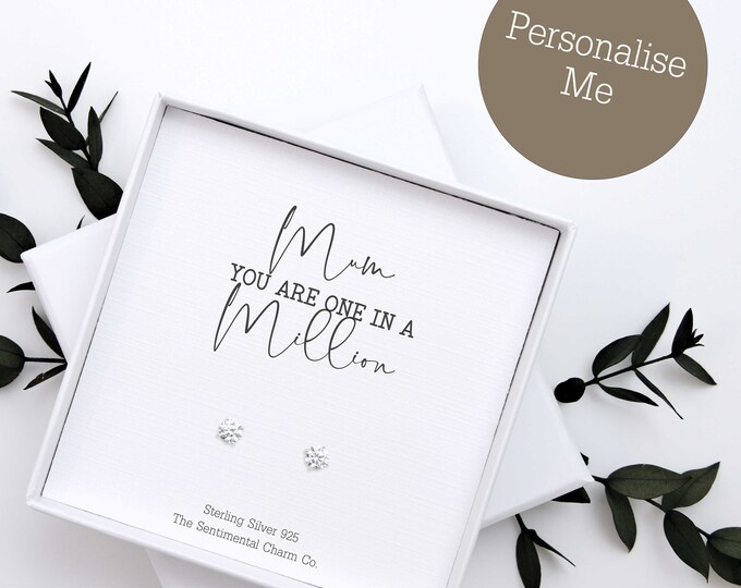 One in A Million Mum Gift - Sterling 925 Silver Stud Earrings Keepsake - Personalised Quote Jewellery for Mum – Simple Studs for Her
