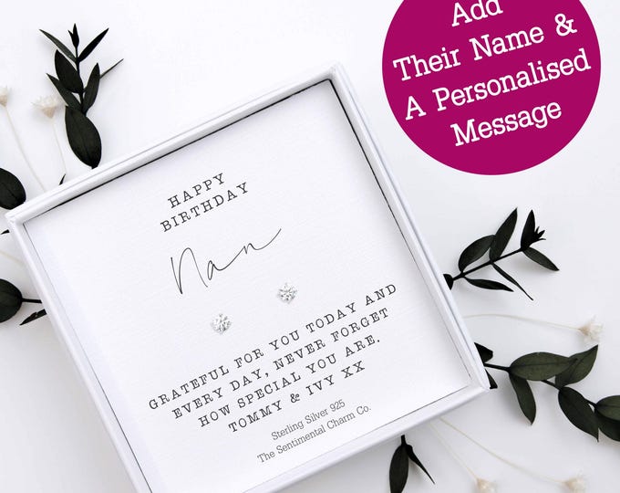 Personalised Birthday Earrings for Nan– 925 Sterling Silver Studs – Nan Keepsake Gift for Her – Nan Jewellery with Custom Message