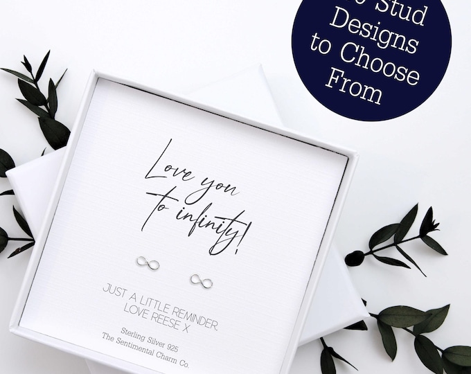 I Love You to Infinity 925 Sterling Silver Stud Earrings Personalised Gift for Her Anniversary Quote Jewellery Dainty Minimalist TSCC0452