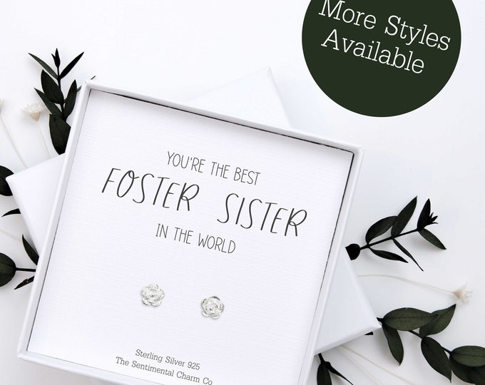 Worlds Best Foster Sister Jewellery Gift for Her – Sterling Silver 925 Earrings with Quote Card – Earring Gift for Foster Sister Keepsake