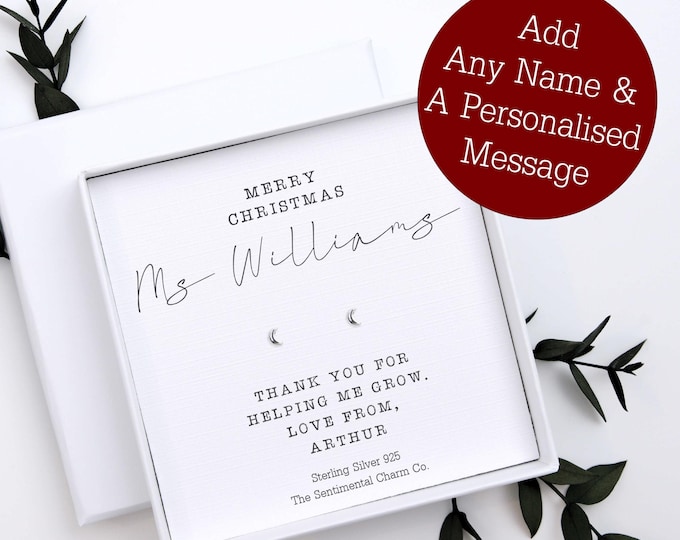 Christmas Teaching Assistant Gift – Personalised Sterling Silver 925 Stud Earrings – Merry Christmas TA Jewellery with Classroom Quote