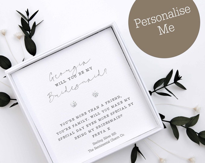 TSCC0390 Personalised Will You Be My Bridesmaid Proposal Silver Studs Stud Earrings Gift Dainty Simple Diamonds Hearts Bride Tribe Squad