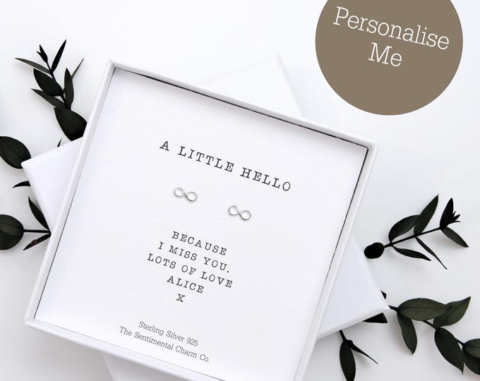TSCC0269 A Little Hello Sterling Silver Studs Simple Quote Earrings Infinity Jewellery Giftful Hello I Miss You Check In Letterbox Box Gift
