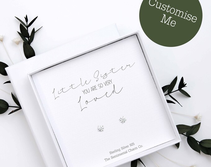 You Are Loved Little Sister Quote Studs - Sterling Silver Earrings – Little Sister Jewellery Gift for Her - Custom Younger Sister Keepsake