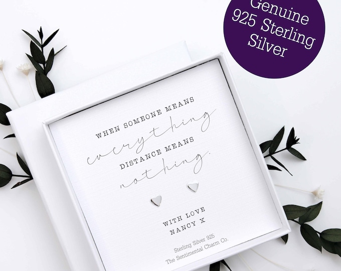 When Someone Means Everything Distance Means Nothing - Sterling Silver Heart Stud Earrings | Long Distance Friendship Gift Friend | TSCC0421