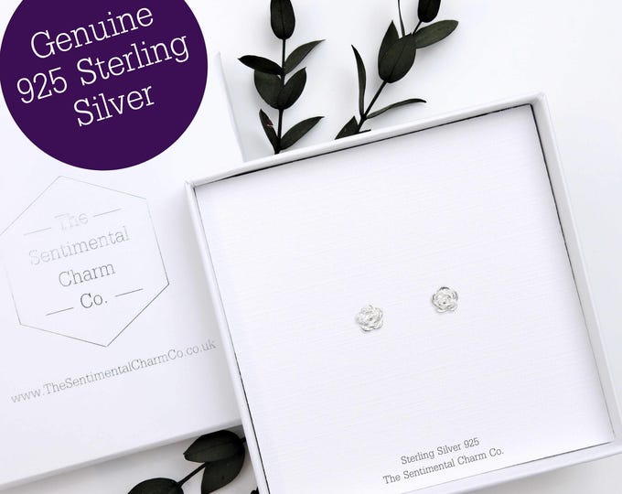 Rose Silver Stud Earrings - Genuine 925 Sterling Silver Flower Studs - Elegant Simple Plain Minimalist Dainty Design for Everyday Wear 0388