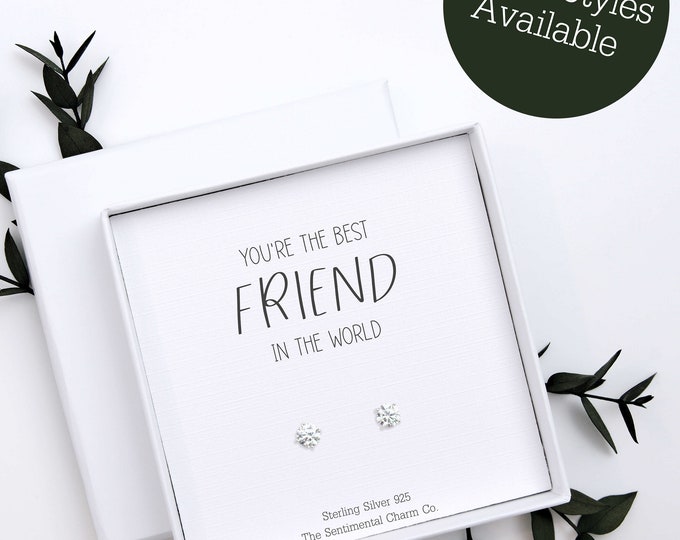 Worlds Best Friend Jewellery Gift for Her – Sterling Silver 925 Earrings Studs with Quote Card – Friendship Earring Gift for Friend Keepsake