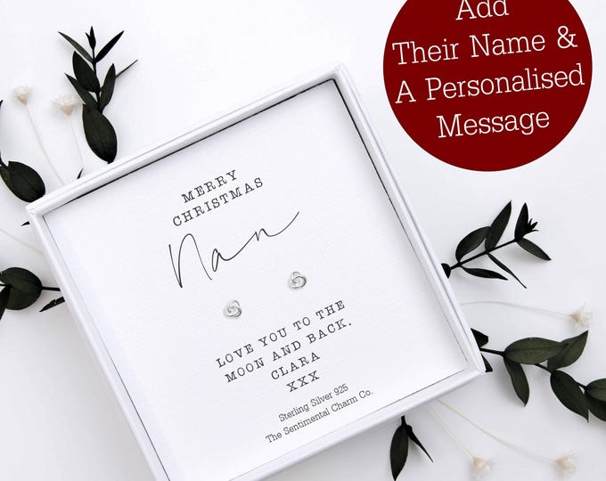 Personalised Merry Christmas Gift for Nan Earrings Sterling Silver 925 Studs Christmas Nanny Quote Jewellery Xmas Present