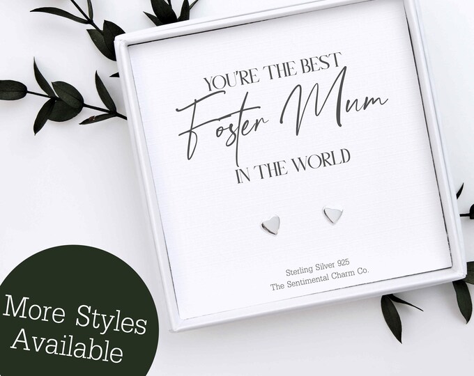 World's Best Foster Mum The World Sterling Silver 925 Stud Earrings Birthday Present Gift Dainty Minimalist Heart Studs Quote TSCC0115A