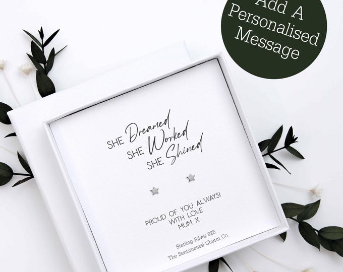 She Dreamed She Worked She Shined Sterling Silver Star Studs | Dainty Silver Earrings UK Gift for Career Woman Female Boss Quote | TSCC0435