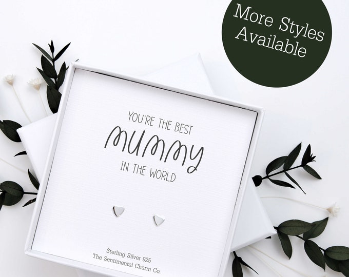 Worlds Best Mummy Jewellery Gift for Her – Sterling Silver 925 Earrings Studs with Quote Card - Mother's Day Gift from Daughter or Son 0113B