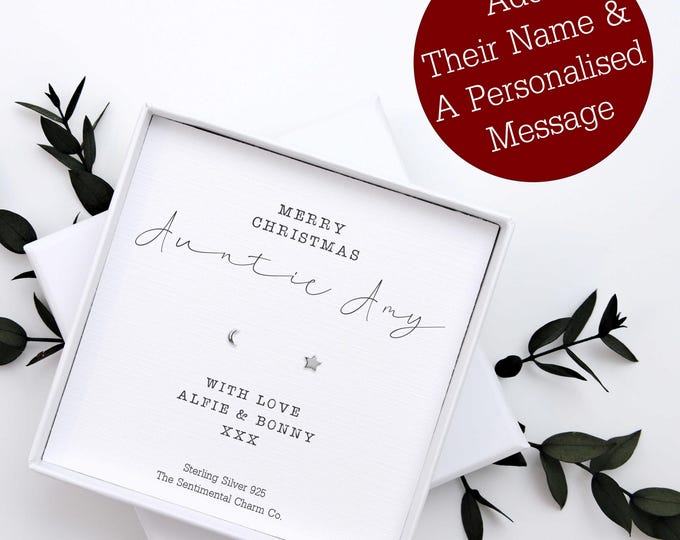 Christmas Auntie Gift – Personalised Sterling Silver 925 Stud Earrings – Merry Christmas Aunty Jewellery with Quote – Xmas Present