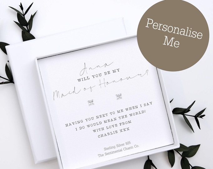 TSCC0391 Personalised Will You Be My Maid of Honour Proposal Silver Studs Stud Earrings Gift Dainty Simple Diamonds Hearts Bride Tribe Squad