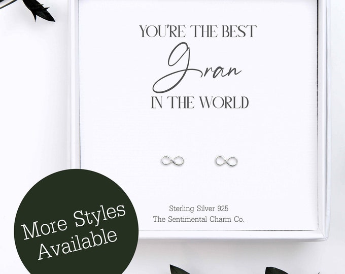 Best Gran In The World Keepsake - Sterling Silver Stud Earrings for Gran Birthday Gift for Her - Simple Earrings with Quote Card