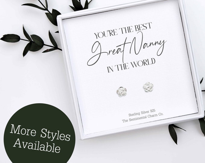 Best Great Nanny In The World Keepsake - Sterling Silver Stud Earrings for Great Nanny Birthday Gift for Her - Simple Earrings & Quote Card