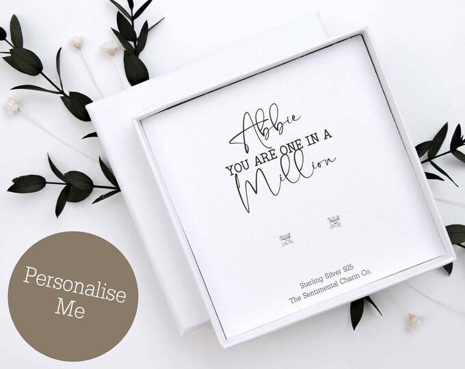 TSCC0166A Goddaughter Personalised One In A Million Silver Stud Earrings Any Name Birthday Present Gift Cute Simple Hearts Stars Knots