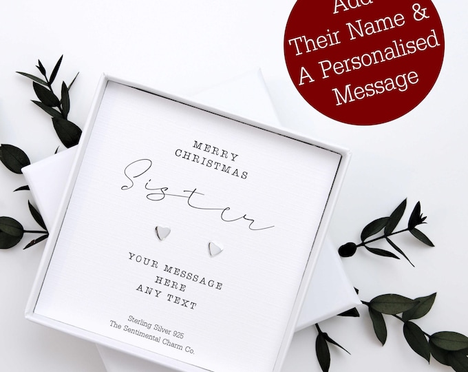 Christmas Sister Gift – Personalised Sterling Silver 925 Stud Earrings – Merry Christmas Jewellery for Big, Little, Step or Twin Sister