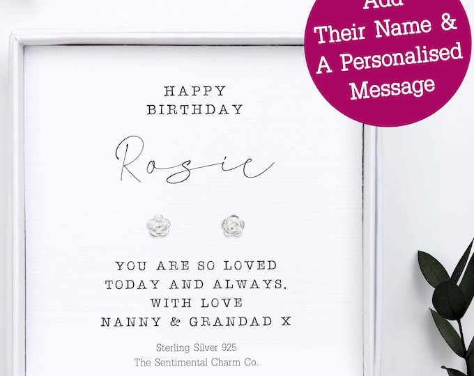 Personalised Birthday Granddaughter Earrings – Sterling Silver Studs – Keepsake Gift for Her – Granddaughter Jewellery with Custom Message