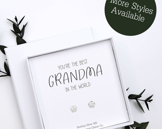 Worlds Best Grandma Jewellery Gift from Grandkid – Sterling Silver 925 Earrings Studs with Message – Small Gift for Grandma Mothers Day Gift