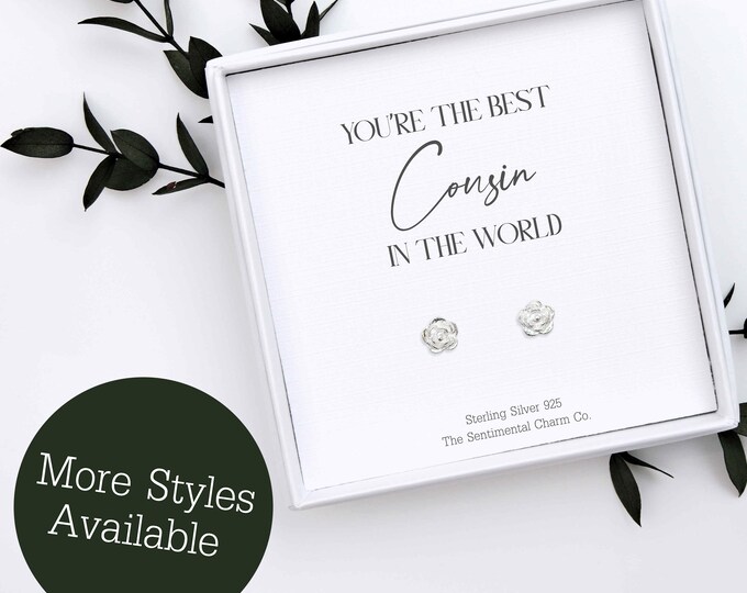 TSCC0132A Best Cousin The World Sterling Silver Stud Earrings Birthday Present Gift Everyday Plain Pearls Infinity Stars Moons