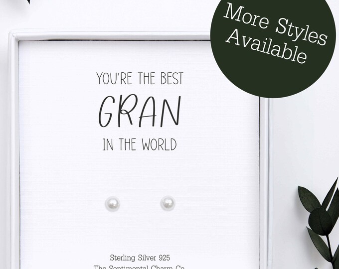 Worlds Best Gran Jewellery Gift from Grandkids – Sterling Silver 925 Earrings Studs with Message Card – Small Gift for Gran Mothers Day Gift